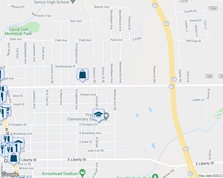 map of restaurants, bars, coffee shops, grocery stores, and more near 665 Churchill Road in Girard