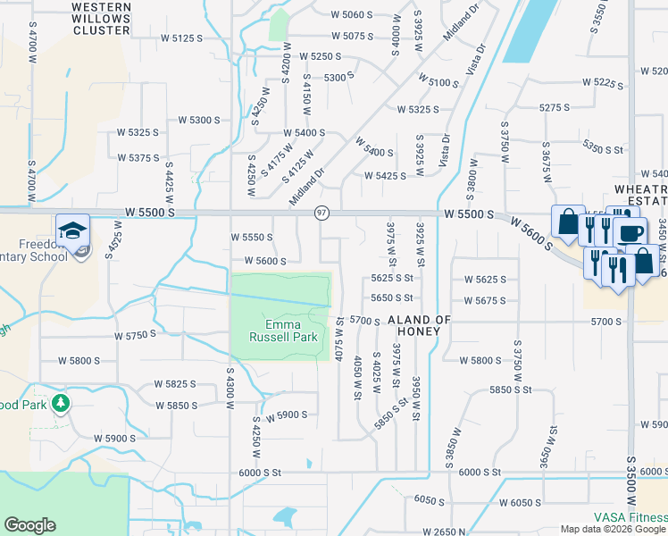 map of restaurants, bars, coffee shops, grocery stores, and more near 5621 4075 West Street in Roy