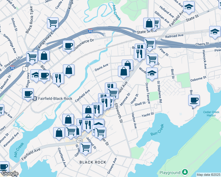 map of restaurants, bars, coffee shops, grocery stores, and more near 557 Ellsworth Street in Bridgeport