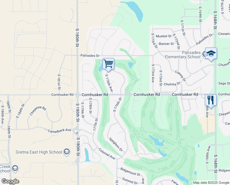 map of restaurants, bars, coffee shops, grocery stores, and more near 9816 South 176th Avenue in Omaha