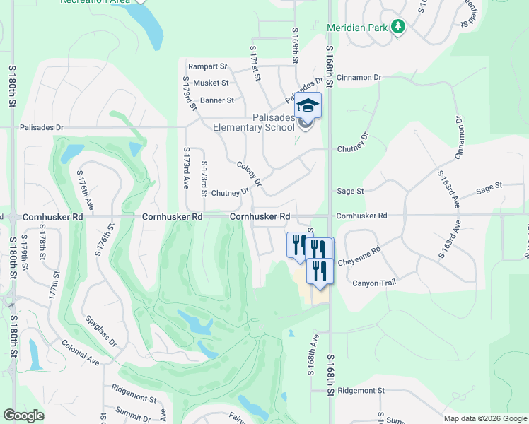 map of restaurants, bars, coffee shops, grocery stores, and more near 884 Cornhusker Road in Omaha
