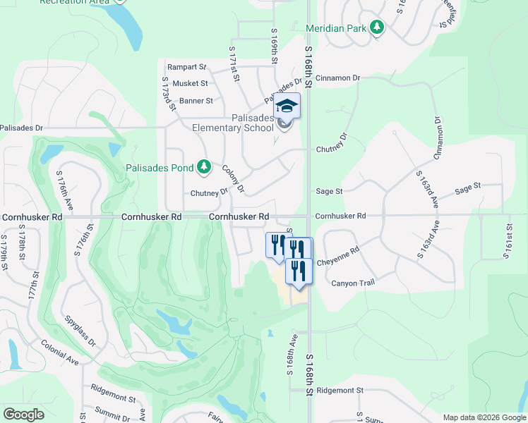 map of restaurants, bars, coffee shops, grocery stores, and more near 4 Cornhusker Road in Omaha