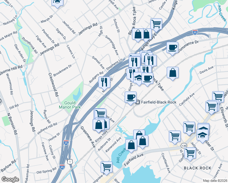 map of restaurants, bars, coffee shops, grocery stores, and more near 120 Rhode Island Avenue in Fairfield