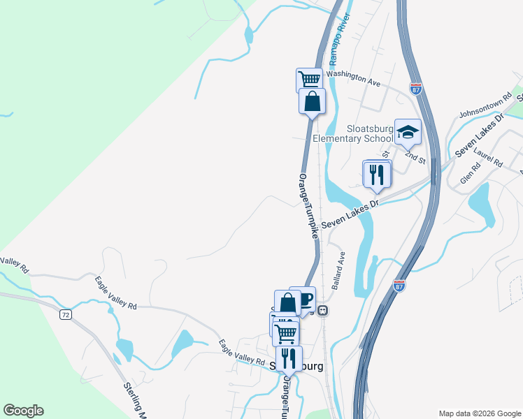 map of restaurants, bars, coffee shops, grocery stores, and more near 27 Post Road in Sloatsburg