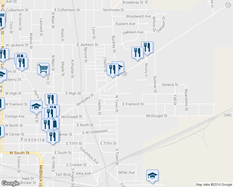 map of restaurants, bars, coffee shops, grocery stores, and more near 437 North Town Street in Fostoria