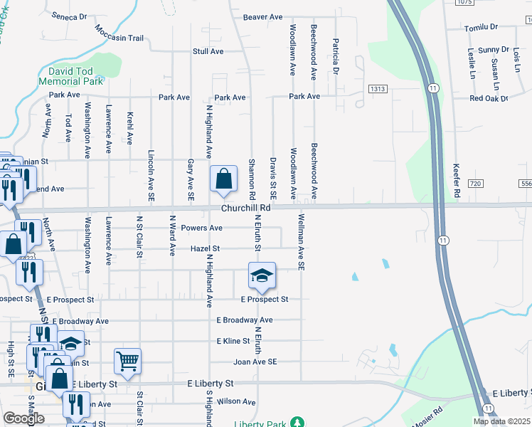 map of restaurants, bars, coffee shops, grocery stores, and more near 619 Churchill Road in Girard