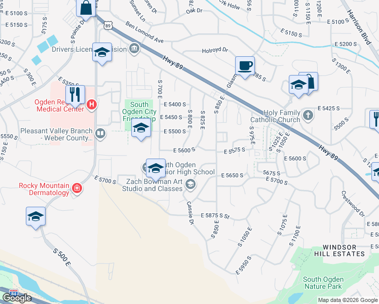 map of restaurants, bars, coffee shops, grocery stores, and more near 823 East 5600 South in Ogden