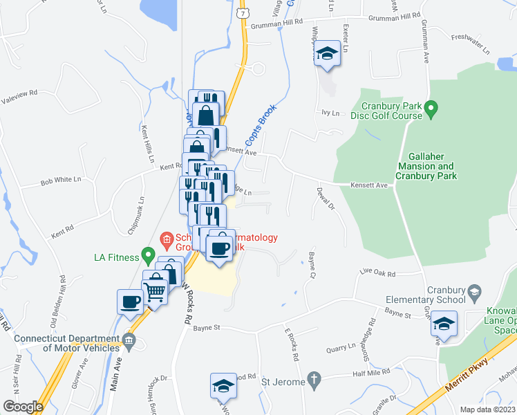 map of restaurants, bars, coffee shops, grocery stores, and more near 83 Fawn Ridge Lane in Norwalk