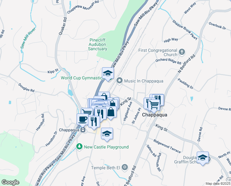 map of restaurants, bars, coffee shops, grocery stores, and more near 41 Maple Avenue in Chappaqua