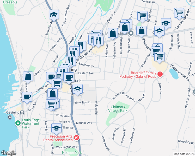 map of restaurants, bars, coffee shops, grocery stores, and more near 37 Ellis Place in Ossining