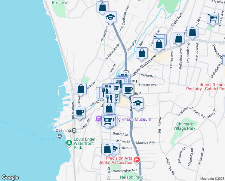 map of restaurants, bars, coffee shops, grocery stores, and more near Spring Street in Ossining