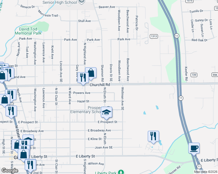 map of restaurants, bars, coffee shops, grocery stores, and more near 625 Churchill Road in Girard
