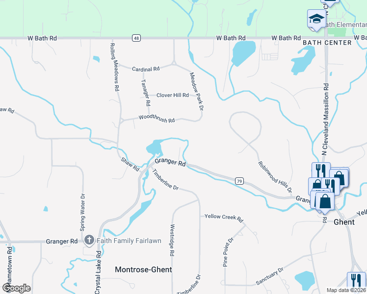 map of restaurants, bars, coffee shops, grocery stores, and more near 3863 Granger Road in Akron