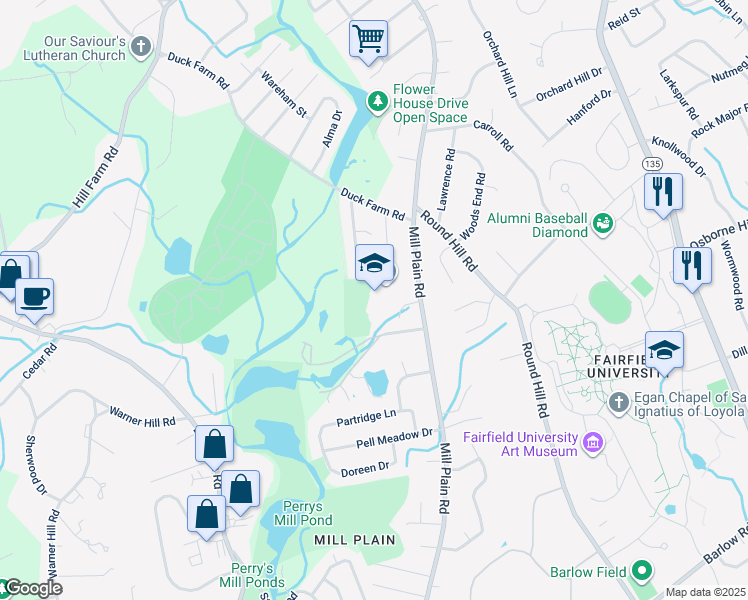 map of restaurants, bars, coffee shops, grocery stores, and more near 1625 Mill Plain Road in Fairfield