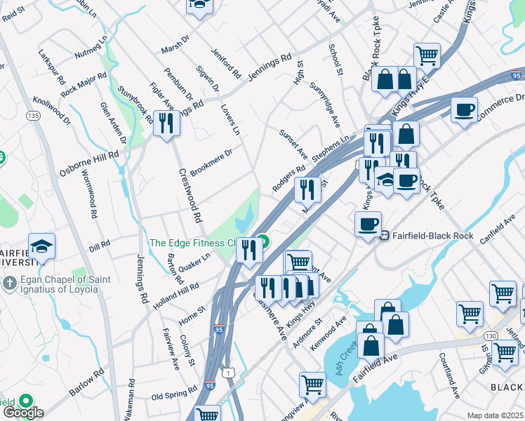 map of restaurants, bars, coffee shops, grocery stores, and more near 558 Holland Hill Road in Fairfield