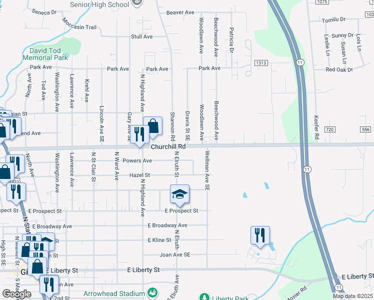 map of restaurants, bars, coffee shops, grocery stores, and more near 631 Churchill Road in Girard