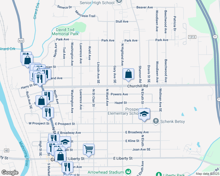 map of restaurants, bars, coffee shops, grocery stores, and more near 407 Churchill Road in Girard