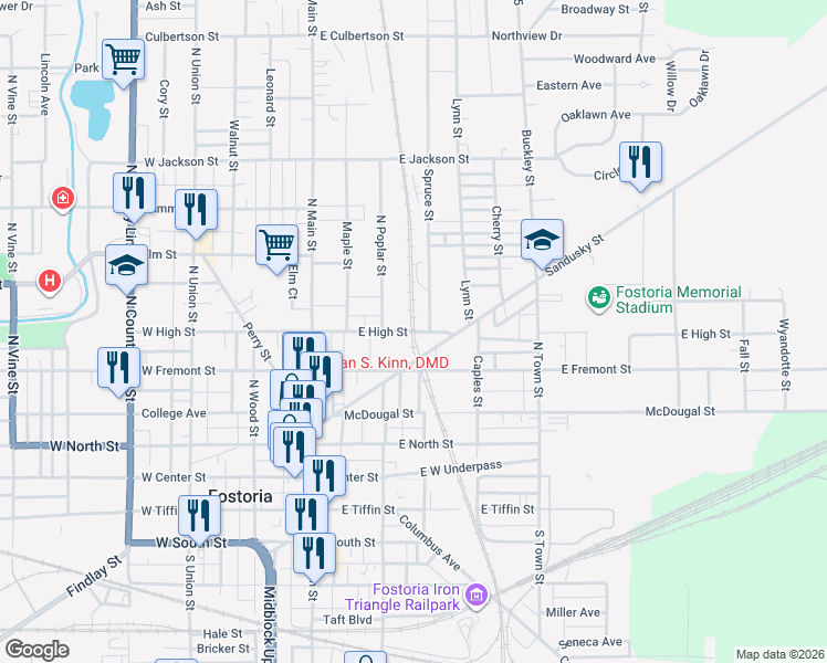 map of restaurants, bars, coffee shops, grocery stores, and more near 321 E High St in Fostoria