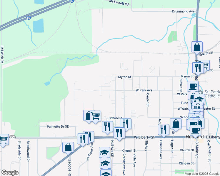 map of restaurants, bars, coffee shops, grocery stores, and more near 830 West Park Avenue in Hubbard