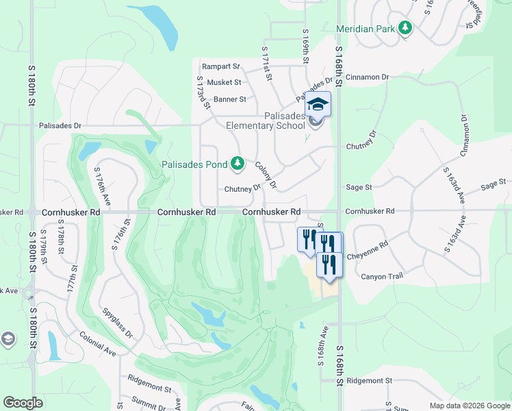 map of restaurants, bars, coffee shops, grocery stores, and more near 17213 Sage Street in Omaha