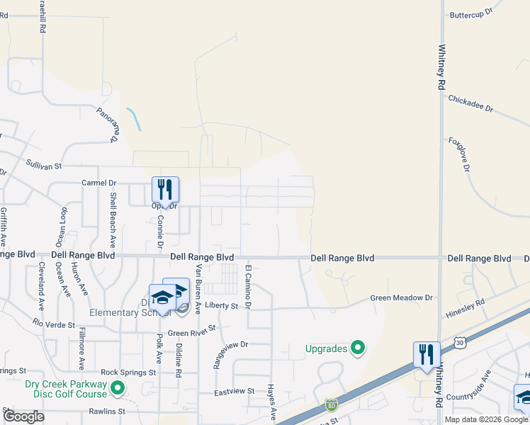map of restaurants, bars, coffee shops, grocery stores, and more near 4715 Gysel Pl in Cheyenne