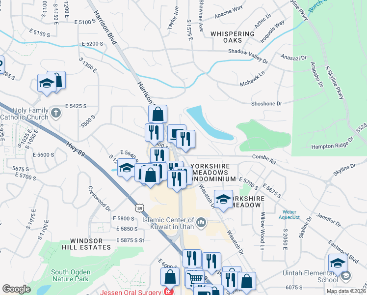 map of restaurants, bars, coffee shops, grocery stores, and more near 1700 Combe Road in South Ogden