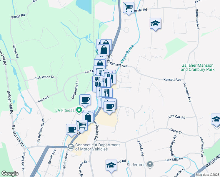 map of restaurants, bars, coffee shops, grocery stores, and more near 96 Danbury Road in Wilton