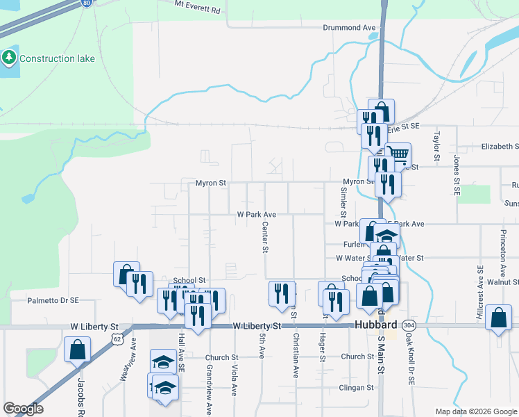 map of restaurants, bars, coffee shops, grocery stores, and more near 409 West Park Avenue in Hubbard
