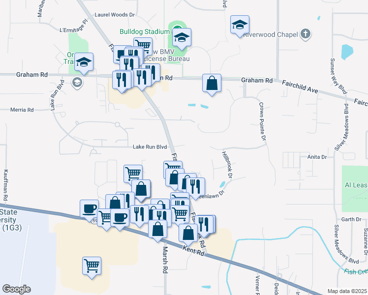 map of restaurants, bars, coffee shops, grocery stores, and more near 2984 Creekside Court in Stow