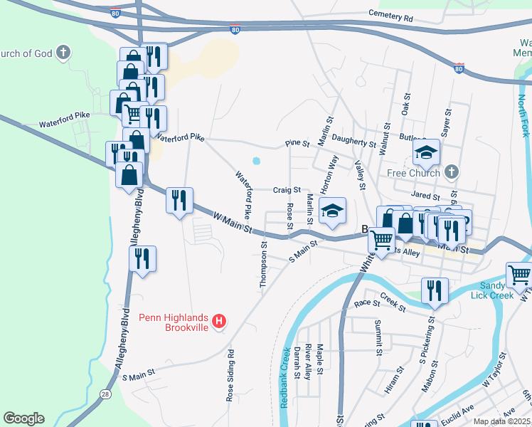 map of restaurants, bars, coffee shops, grocery stores, and more near 210 Thompson Street in Brookville