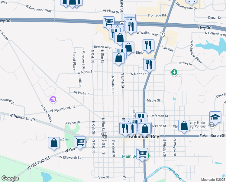 map of restaurants, bars, coffee shops, grocery stores, and more near North Walnut Street in Columbia City