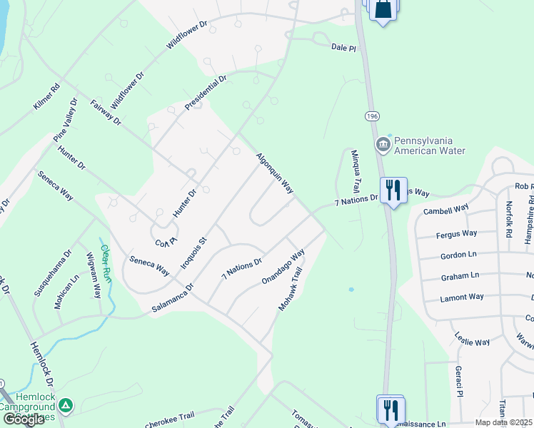 map of restaurants, bars, coffee shops, grocery stores, and more near 151 Seminole Trail in Tobyhanna