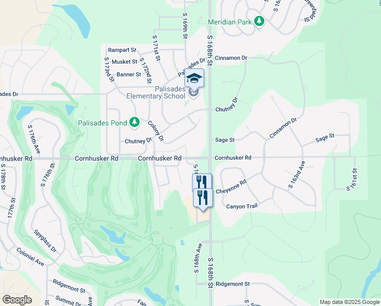 map of restaurants, bars, coffee shops, grocery stores, and more near 9921 South 168th Avenue in Omaha
