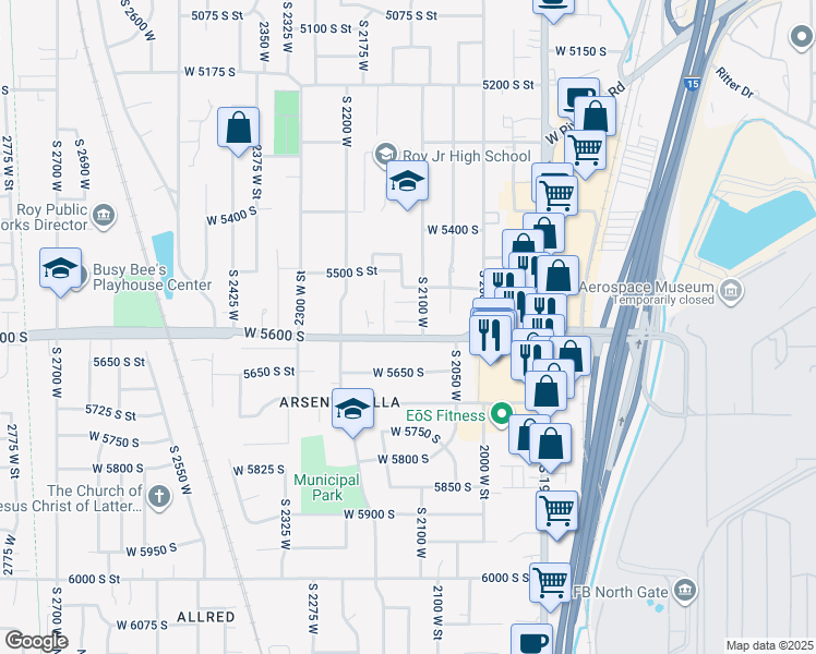 map of restaurants, bars, coffee shops, grocery stores, and more near 2145 West 5600 South in Roy