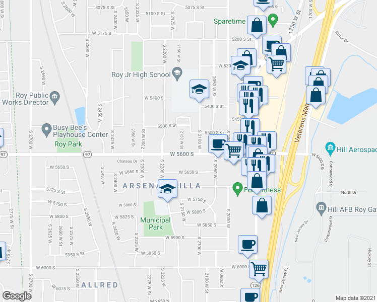 map of restaurants, bars, coffee shops, grocery stores, and more near 2145 West 5600 South in Roy
