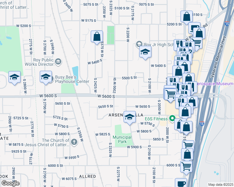 map of restaurants, bars, coffee shops, grocery stores, and more near 2269 West 5600 South in Roy
