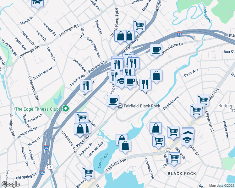 map of restaurants, bars, coffee shops, grocery stores, and more near 1401 Kings Highway in Fairfield