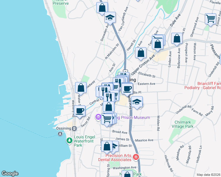 map of restaurants, bars, coffee shops, grocery stores, and more near 55 Central Avenue in Ossining