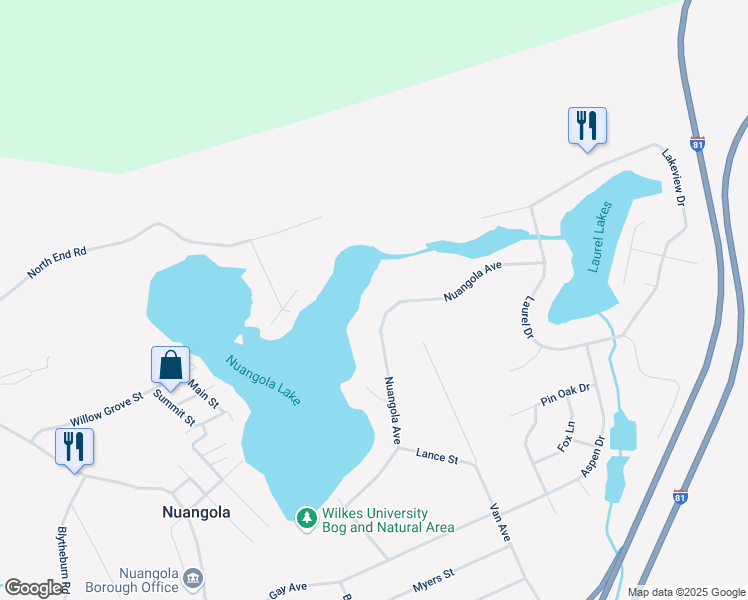 map of restaurants, bars, coffee shops, grocery stores, and more near 107 Nuangola Avenue in Mountain Top