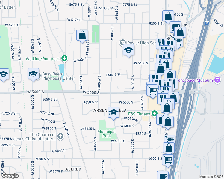 map of restaurants, bars, coffee shops, grocery stores, and more near 2198 West 5600 South in Roy
