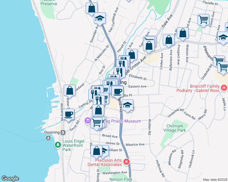 map of restaurants, bars, coffee shops, grocery stores, and more near 200 Main Street in Ossining