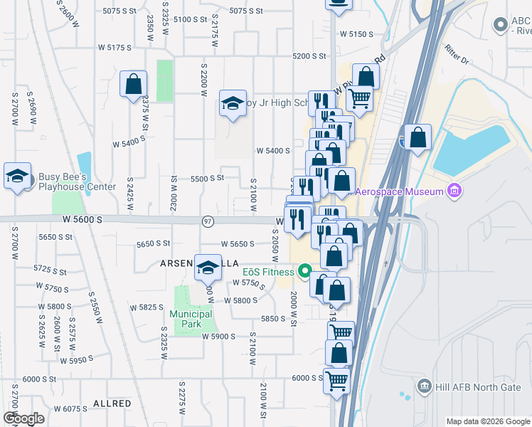 map of restaurants, bars, coffee shops, grocery stores, and more near 2078 West 5600 South in Roy