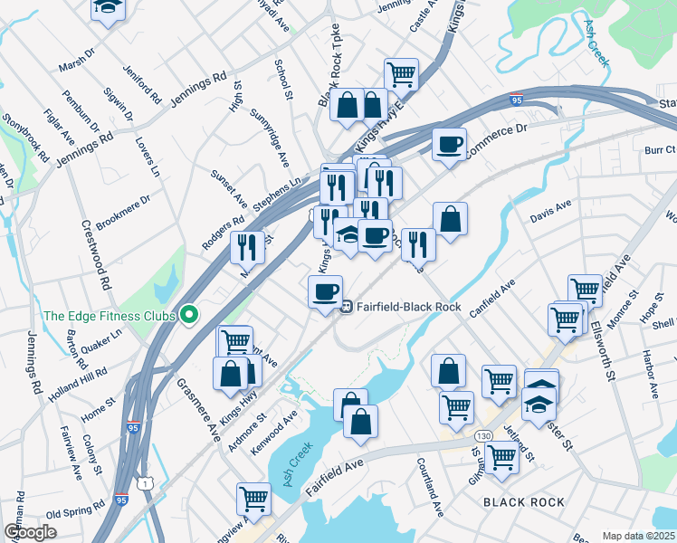 map of restaurants, bars, coffee shops, grocery stores, and more near 1401 Kings Highway in Fairfield
