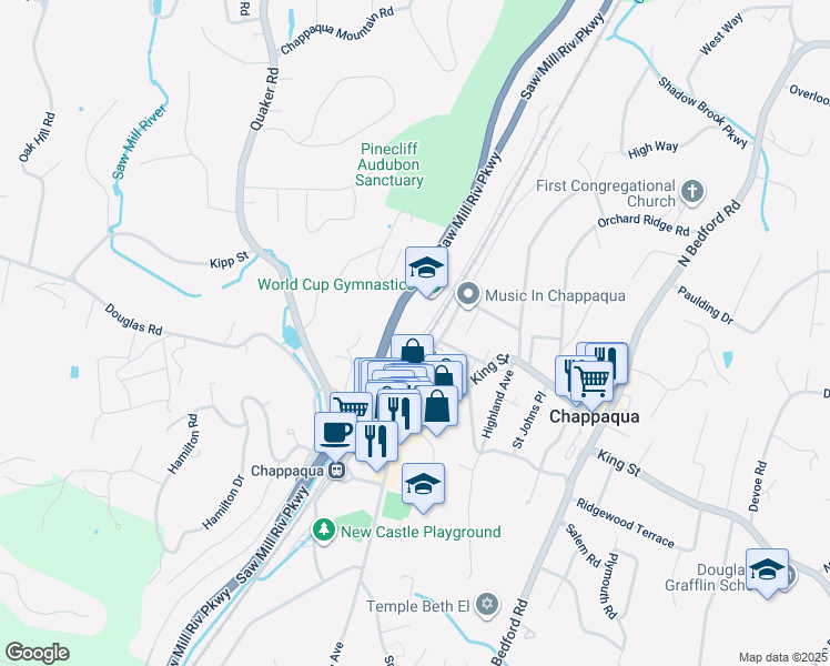map of restaurants, bars, coffee shops, grocery stores, and more near 130 Hunts Lane in Chappaqua