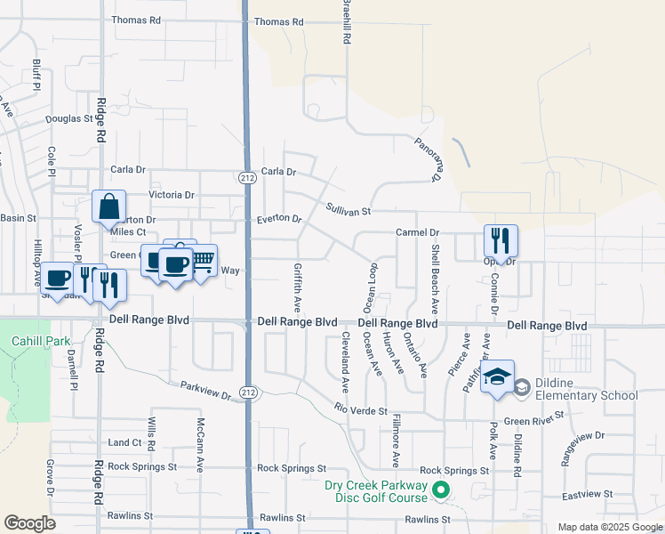 map of restaurants, bars, coffee shops, grocery stores, and more near 4309 Rose Court in Cheyenne