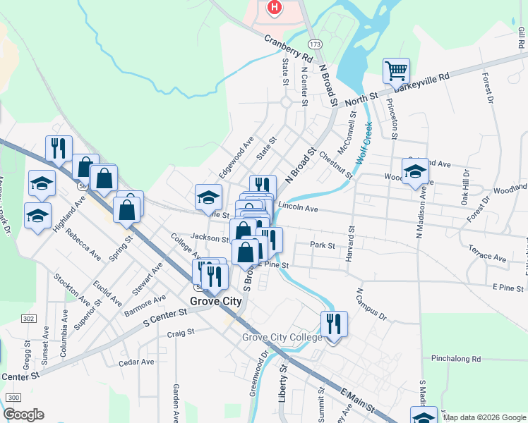 map of restaurants, bars, coffee shops, grocery stores, and more near 120 North Broad Street in Grove City