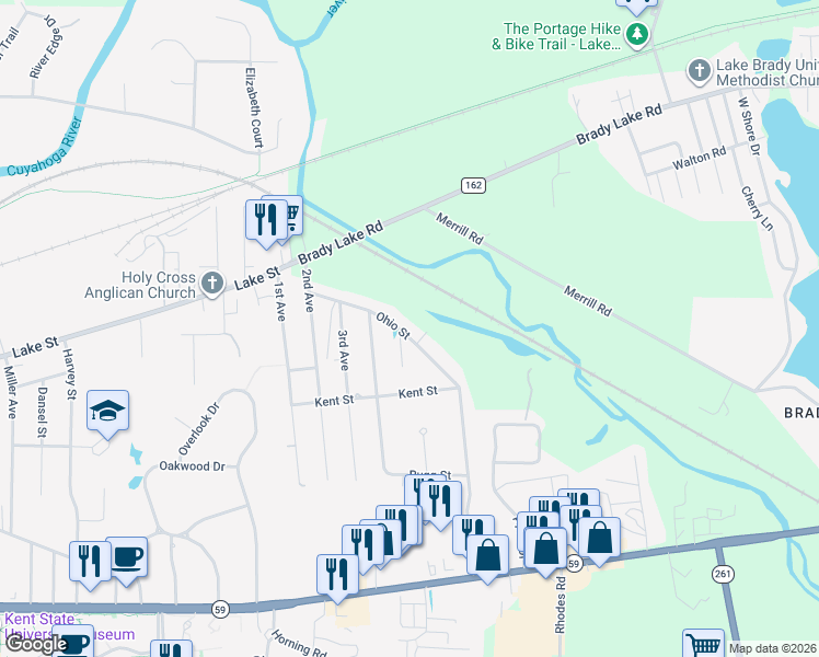 map of restaurants, bars, coffee shops, grocery stores, and more near 6300 Ohio Street in Kent
