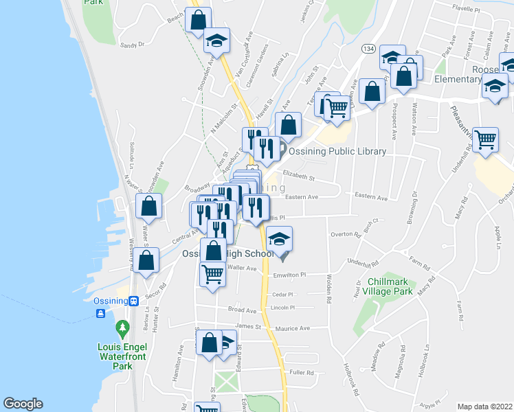map of restaurants, bars, coffee shops, grocery stores, and more near S Highland Ave & Main St in Ossining