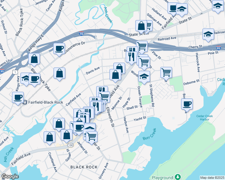 map of restaurants, bars, coffee shops, grocery stores, and more near 2414 Fairfield Avenue in Bridgeport
