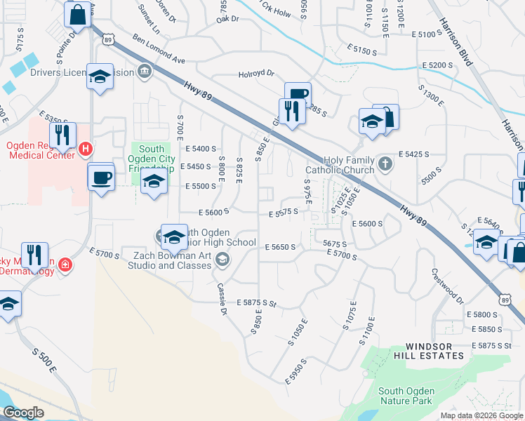 map of restaurants, bars, coffee shops, grocery stores, and more near 856 East 5775 South in South Ogden